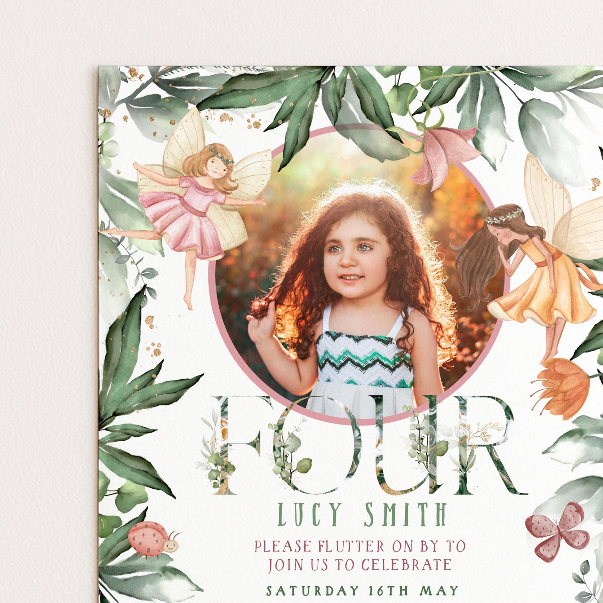 The image is a birthday invitation for a young girl named Lucy Smith, featuring illustrations of fairies and a photo of her.