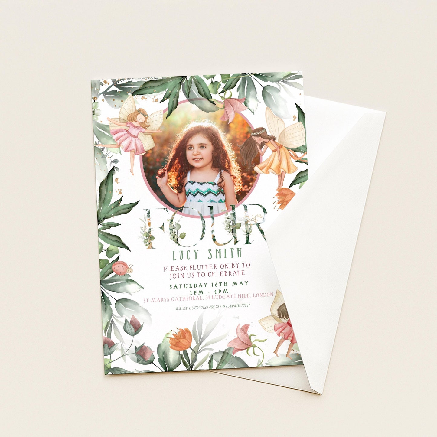 The image is a birthday invitation featuring a young girl surrounded by a floral border and a photo of her.