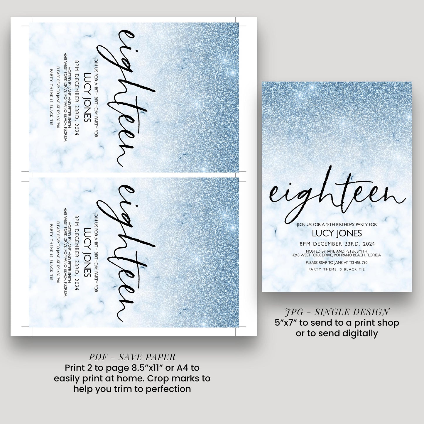 a blue glittery background with the text " eighteen" written on it. There are two pages of a wedding invitation, and the text indicates that the invitation is for a 9th birthday party for Lucy Jones. The invitation is printed on a save paper, and the text suggests printing 2 pages to 8.5"x11" or 4"x4" to trim to perfection.