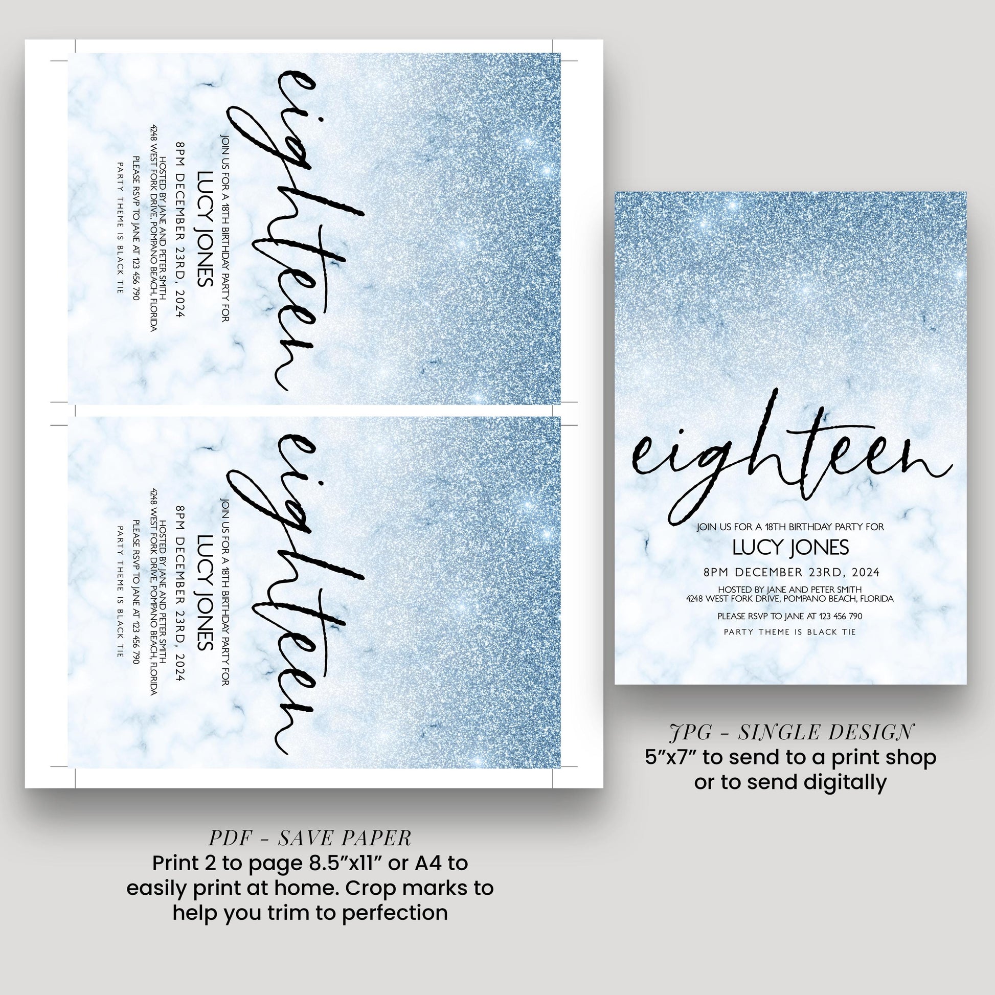 a blue glittery background with the text " eighteen" written on it. There are two pages of a wedding invitation, and the text indicates that the invitation is for a 9th birthday party for Lucy Jones. The invitation is printed on a save paper, and the text suggests printing 2 pages to 8.5"x11" or 4"x4" to trim to perfection.
