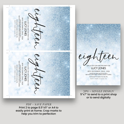 a blue glittery background with the text " eighteen" written on it. There are two pages of a wedding invitation, and the text indicates that the invitation is for a 9th birthday party for Lucy Jones. The invitation is printed on a save paper, and the text suggests printing 2 pages to 8.5"x11" or 4"x4" to trim to perfection.
