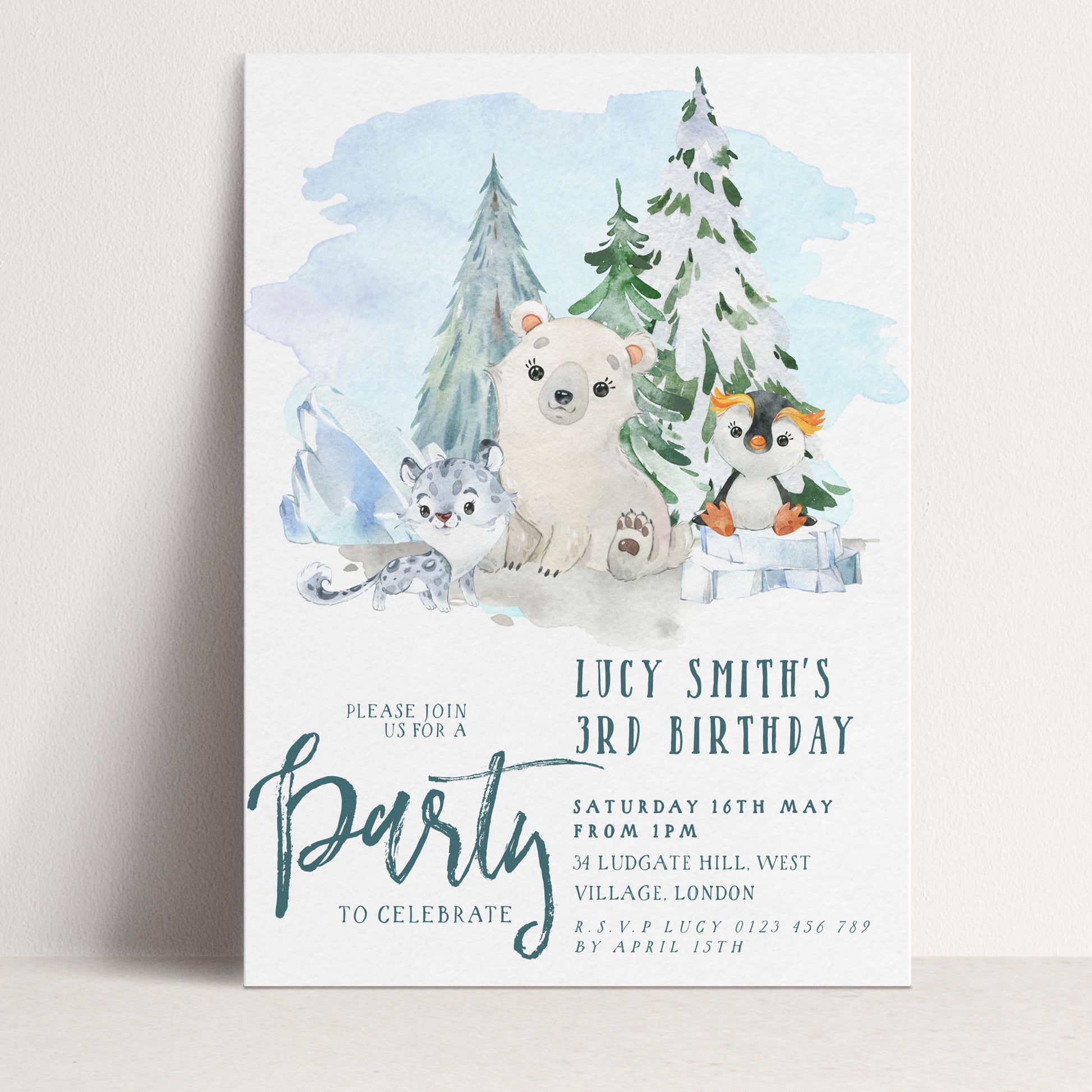 The image is a birthday party invitation featuring a winter scene with a polar bear, penguins, and a snowman.