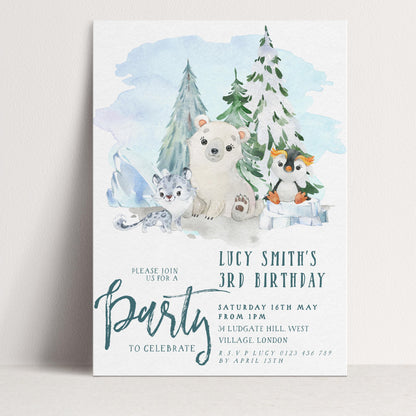 The image is a birthday party invitation featuring a winter scene with a polar bear, penguins, and a snowman.