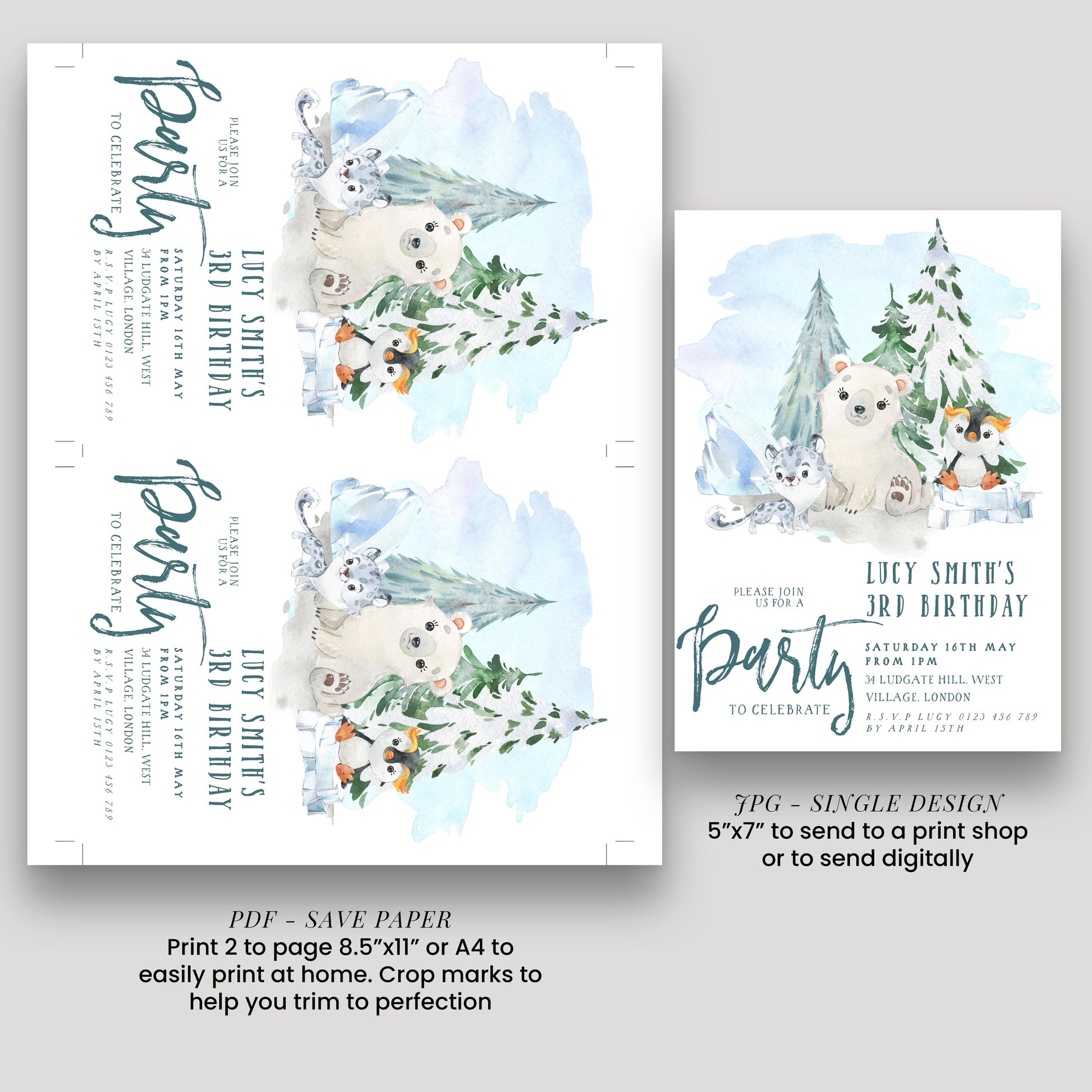 The image is a collage of two images, one larger and one smaller, both featuring a polar bear surrounded by snow and trees. The larger image is a watercolor painting of a polar bear, while the smaller image is a printed invitation with a polar bear illustration.