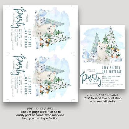 The image is a collage of two images, one larger and one smaller, both featuring a polar bear surrounded by snow and trees. The larger image is a watercolor painting of a polar bear, while the smaller image is a printed invitation with a polar bear illustration.