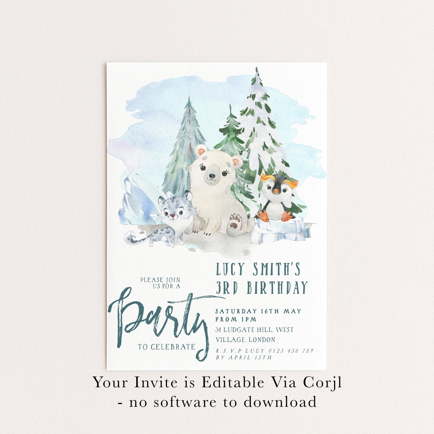 The image is a birthday party invitation featuring a winter scene with a polar bear, penguin, and other animals.