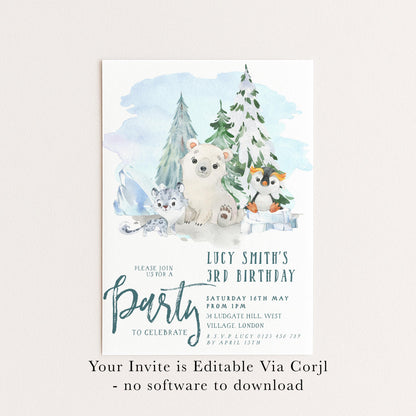 The image is a birthday party invitation featuring a winter scene with a polar bear, penguin, and other animals.