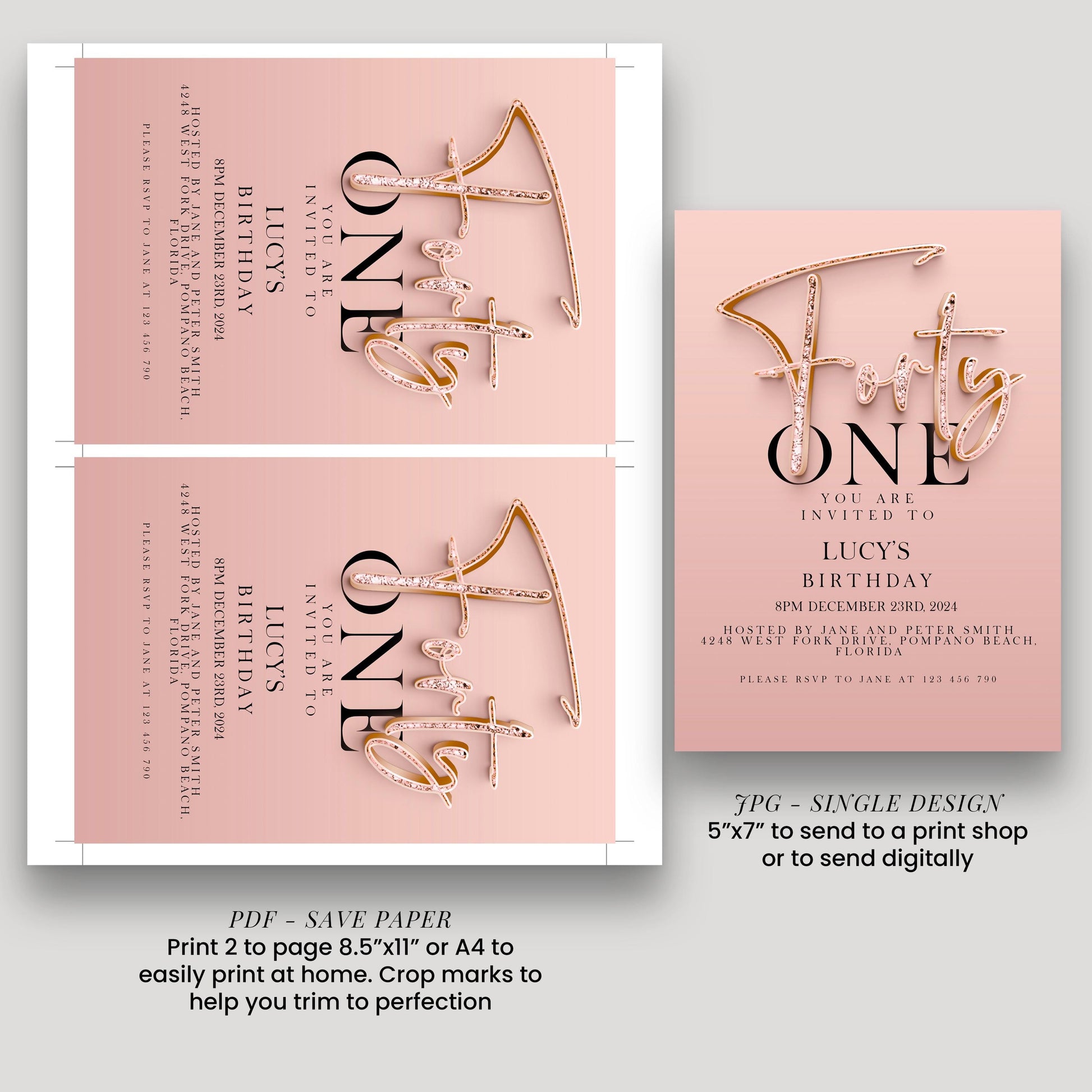 The image is a pink invitation card for a birthday party, specifically for Lucy's one. It features the text "Lucy's ONE" in a stylized font, and includes details about the party, such as the date, time, location, and RSVP instructions.