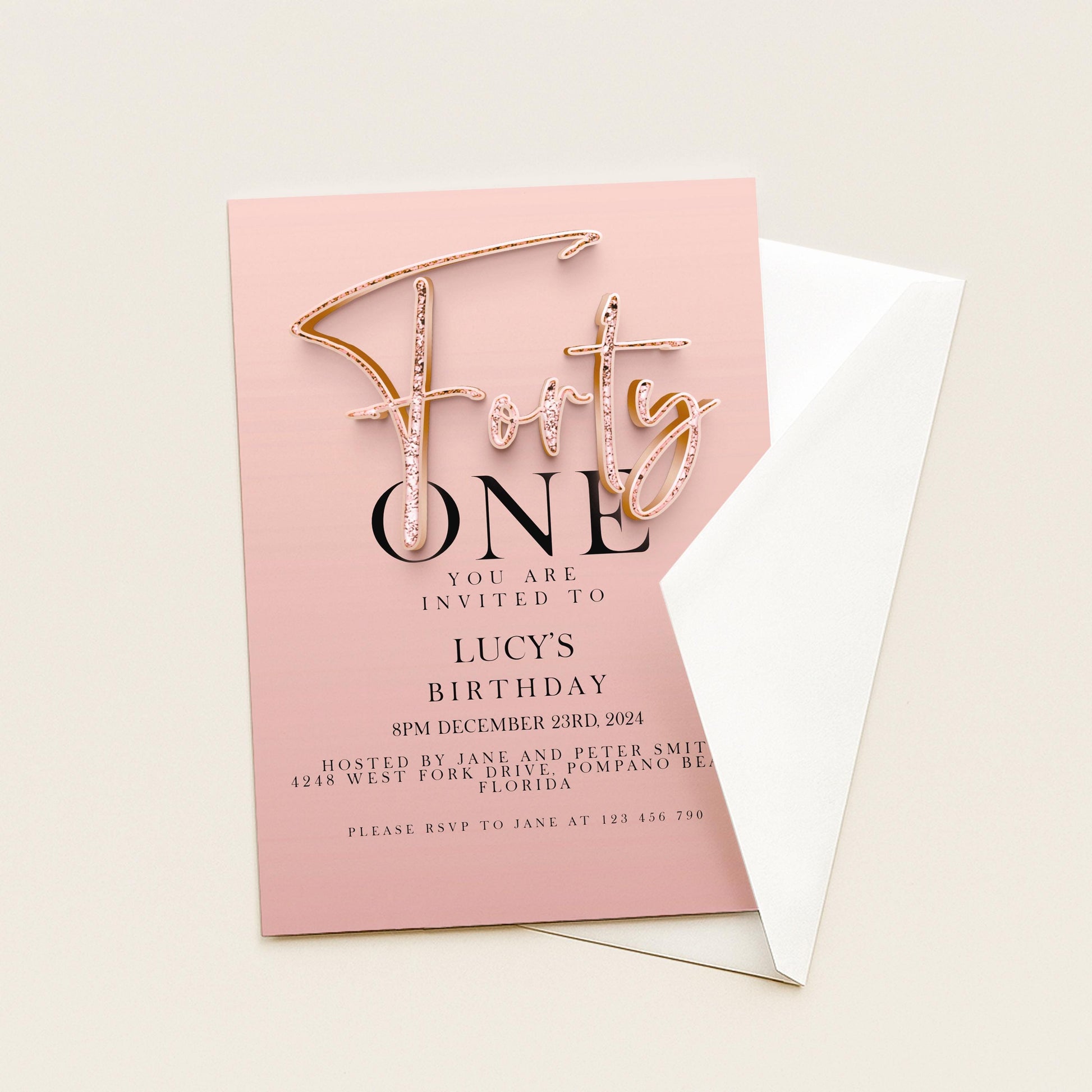 The image is a pink birthday invitation card for a girl's first birthday.
