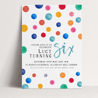 The image is a colorful invitation for a birthday party, featuring a pattern of multicolored dots on a white background.