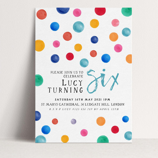The image is a colorful invitation for a birthday party, featuring a pattern of multicolored dots on a white background.