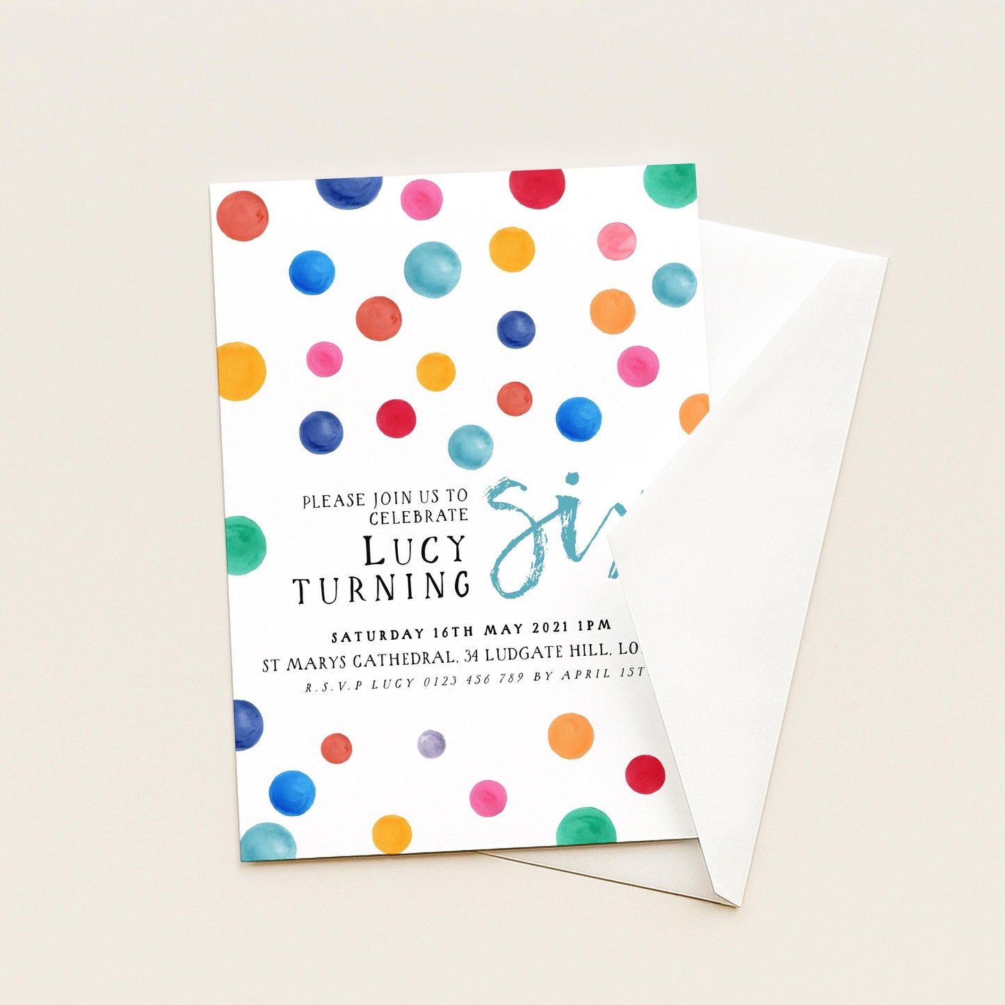 The image is a colorful invitation card for a birthday party, featuring a pattern of multicolored dots on a white background.