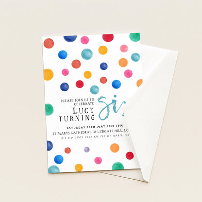 The image is a colorful invitation card for a birthday party, featuring a pattern of multicolored dots on a white background.