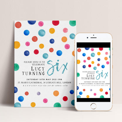 The image is a birthday invitation for a six-year-old named Lucy, featuring a colorful polka dot design.