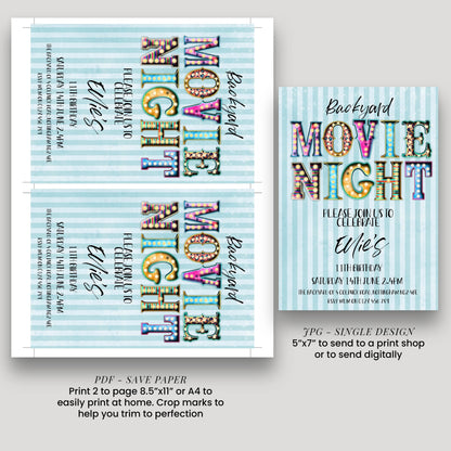 a flyer for a backyard movie night event. The flyer has a blue and white color scheme and features colorful text and graphics. It invites guests to a backyard movie night and provides details about the event, including the date, time, and location. The flyer also includes instructions for printing and sending the event invitation.