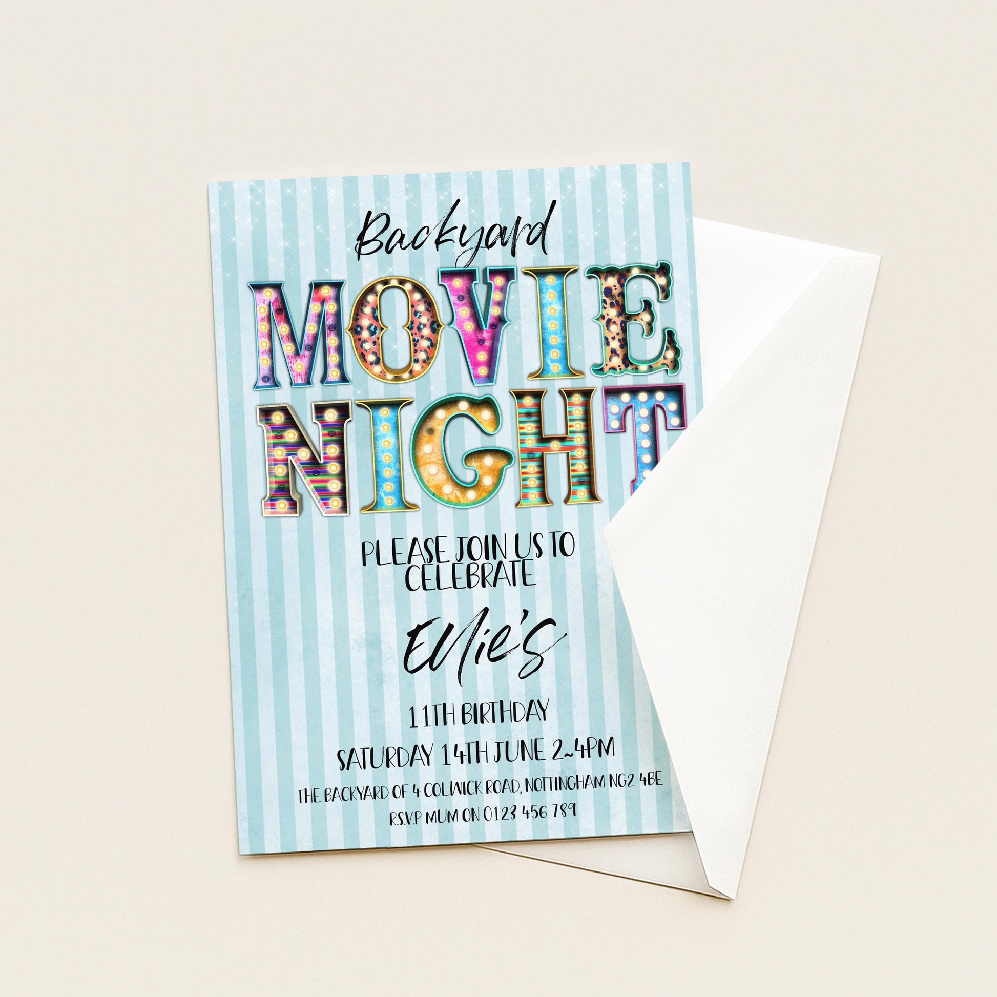A colorful invitation card for a backyard movie night event.