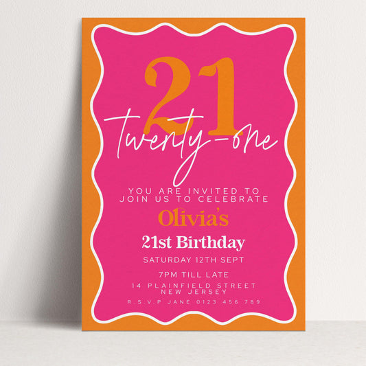The image is a birthday invitation for a 21st birthday celebration.
