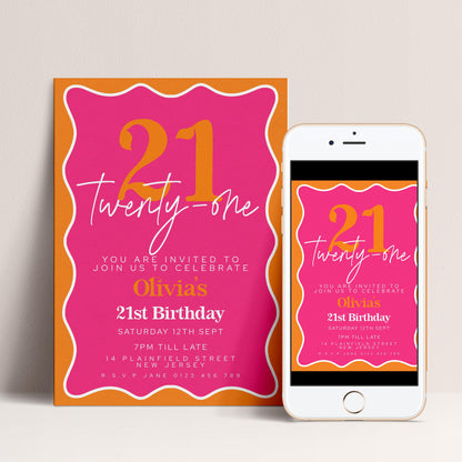 The image is a birthday invitation for a 21st birthday celebration.