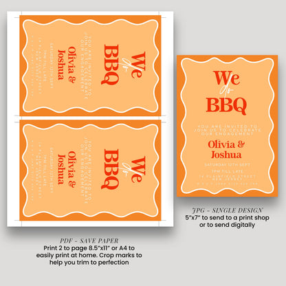 a wedding invitation for a BBQ event, featuring the names of the couple, Olivia and Joshua, along with details about the event.