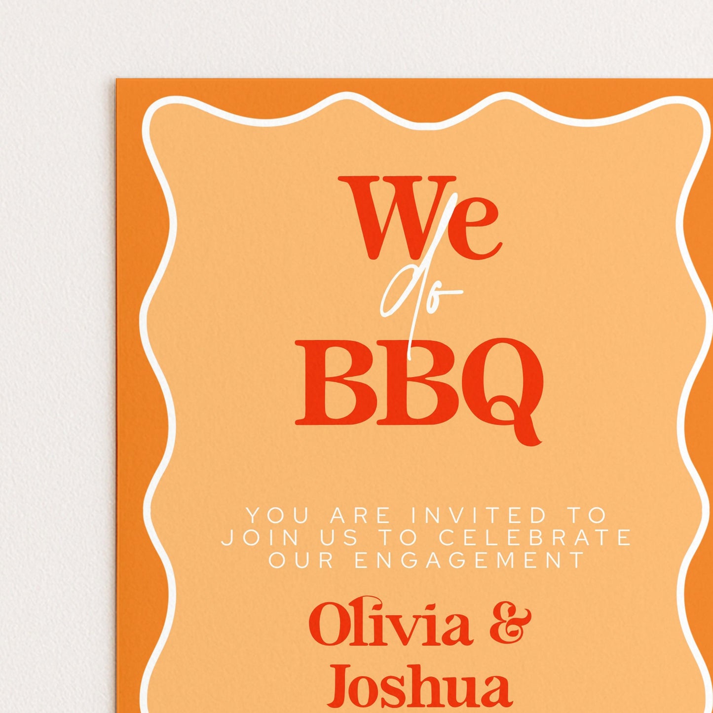 The image is a wedding invitation card with a warm orange and white color scheme. The text invites guests to a BBQ celebration of the couple's engagement.