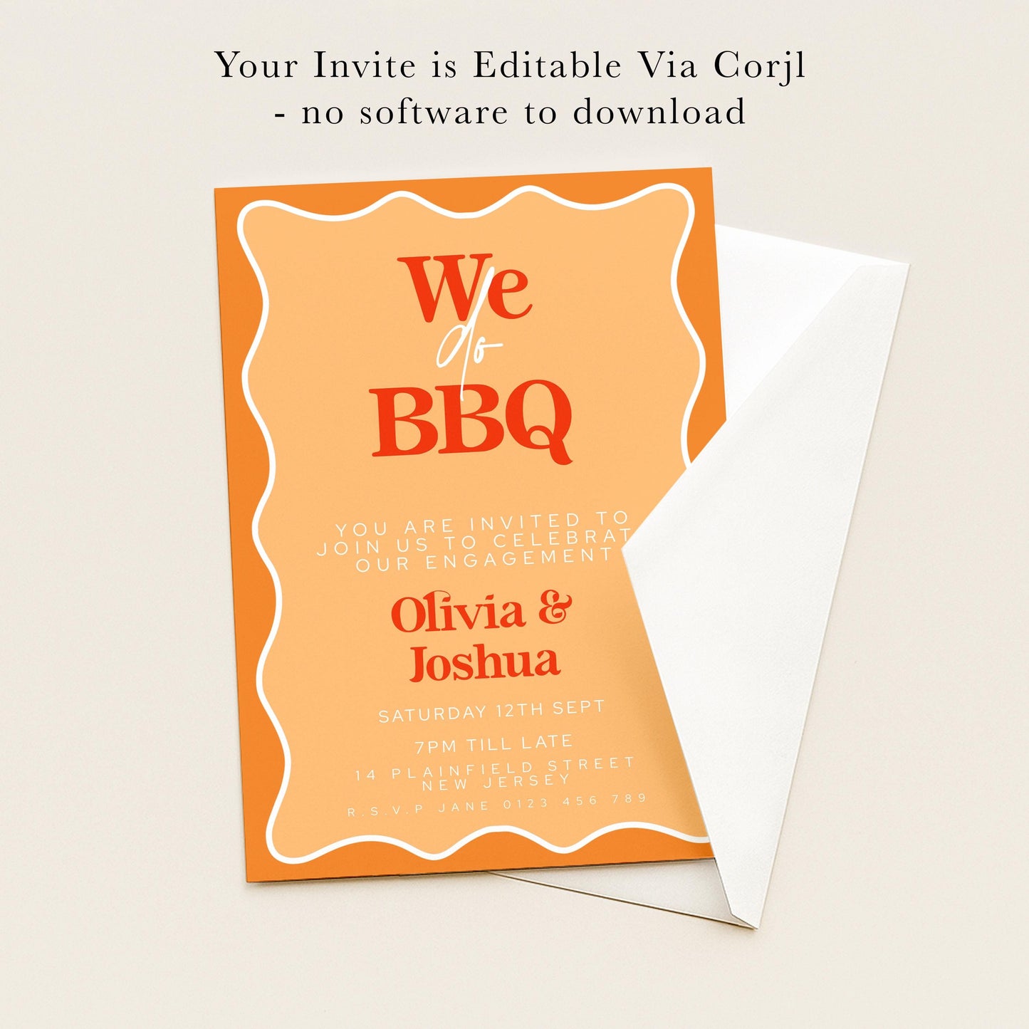 The image is an invitation card for an event called "We do BBQ" featuring two people, Olivia and Joshua. The invitation is not accompanied by any software to download and does not contain any text that can be described in more detail.