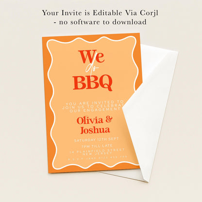 The image is an invitation card for an event called "We do BBQ" featuring two people, Olivia and Joshua. The invitation is not accompanied by any software to download and does not contain any text that can be described in more detail.