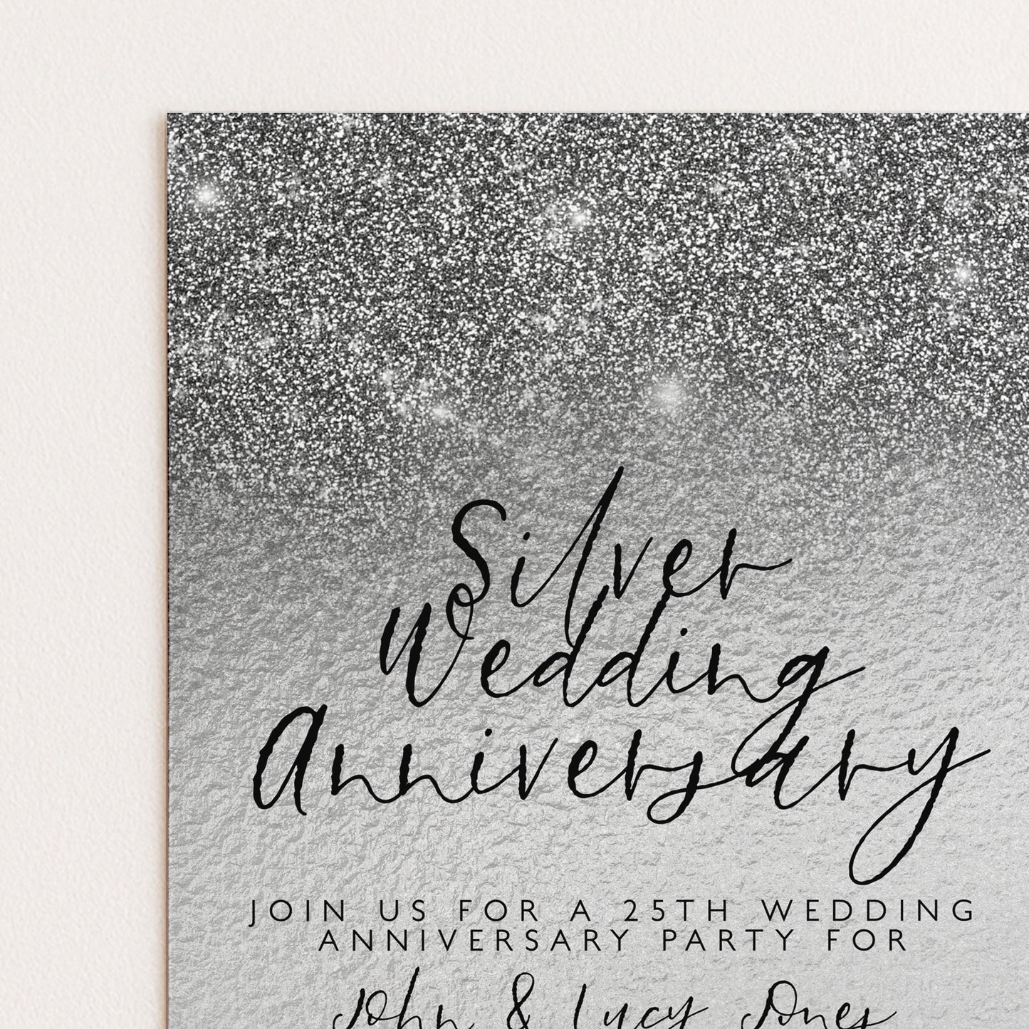 The image is a wedding anniversary invitation with a silver glitter background and the text "Silver Wedding Anniversary" prominently displayed.