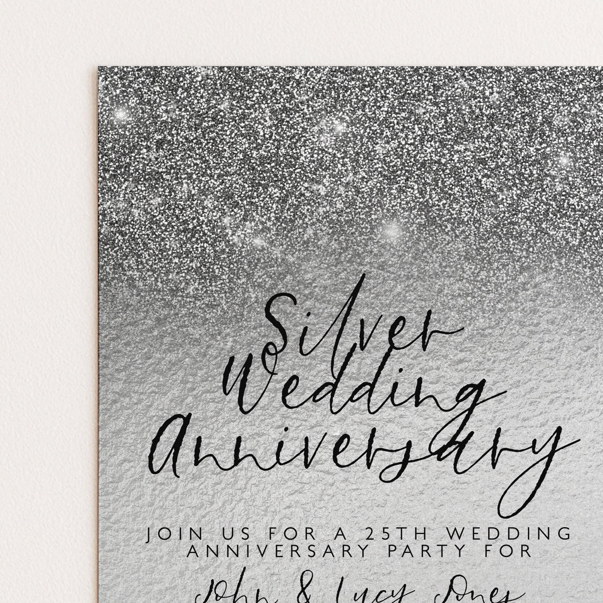 The image is a wedding anniversary invitation with a silver glitter background and the text "Silver Wedding Anniversary" prominently displayed.