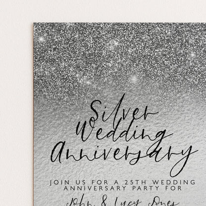 The image is a wedding anniversary invitation with a silver glitter background and the text "Silver Wedding Anniversary" prominently displayed.