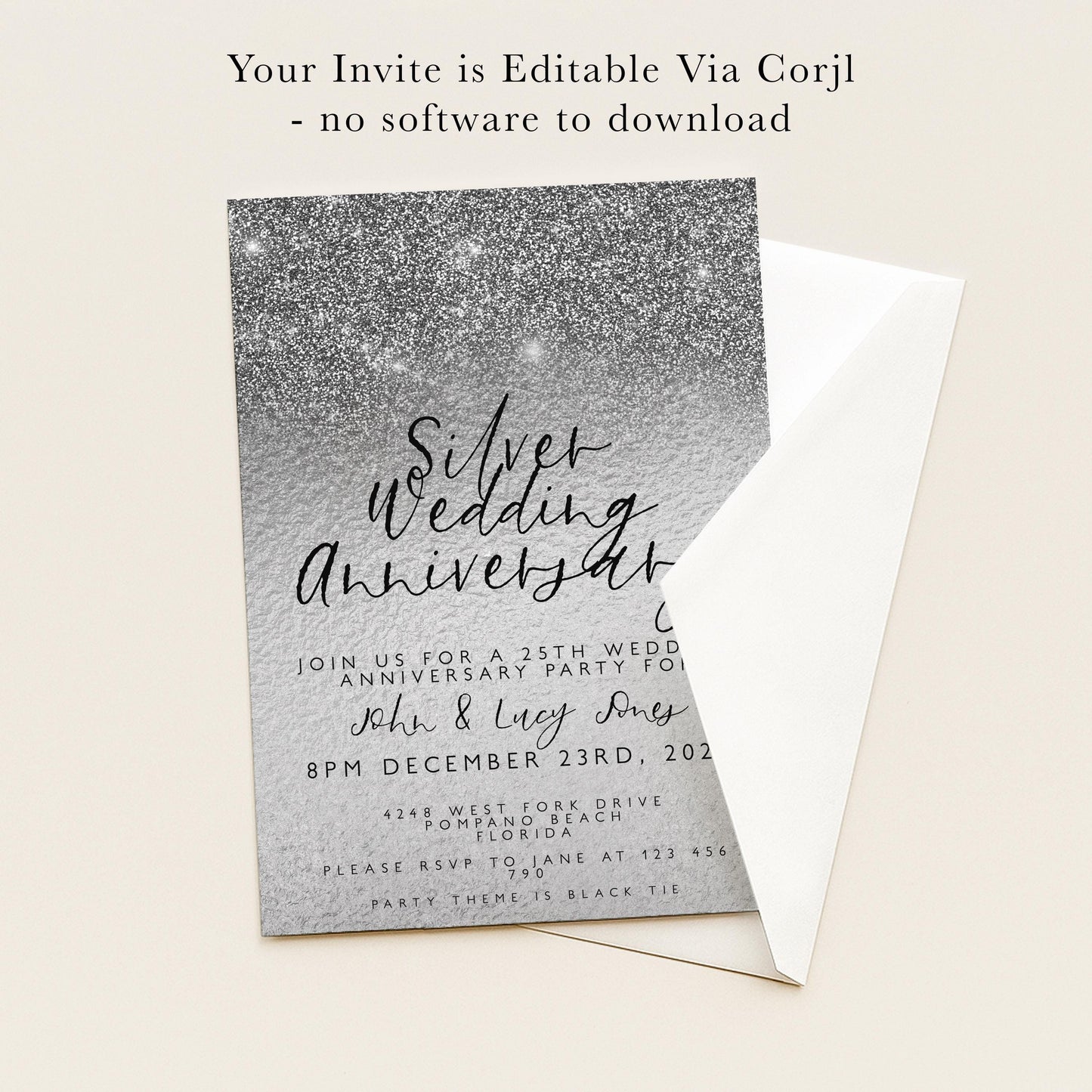 The image is a wedding invitation for a silver anniversary party.