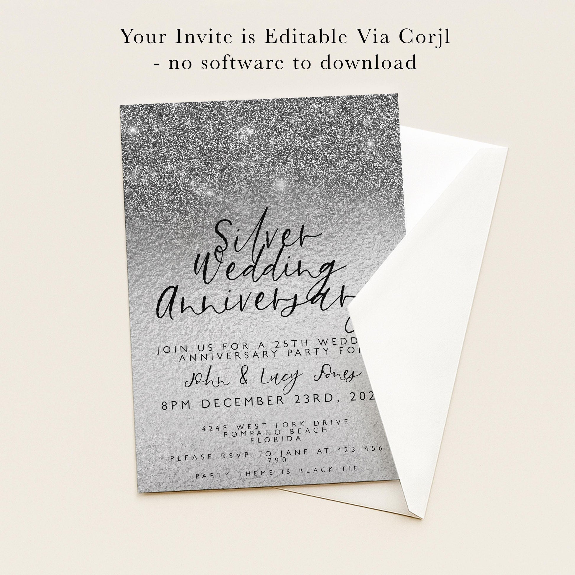 The image is a wedding invitation for a silver anniversary party.