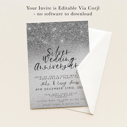 The image is a wedding invitation for a silver anniversary party.