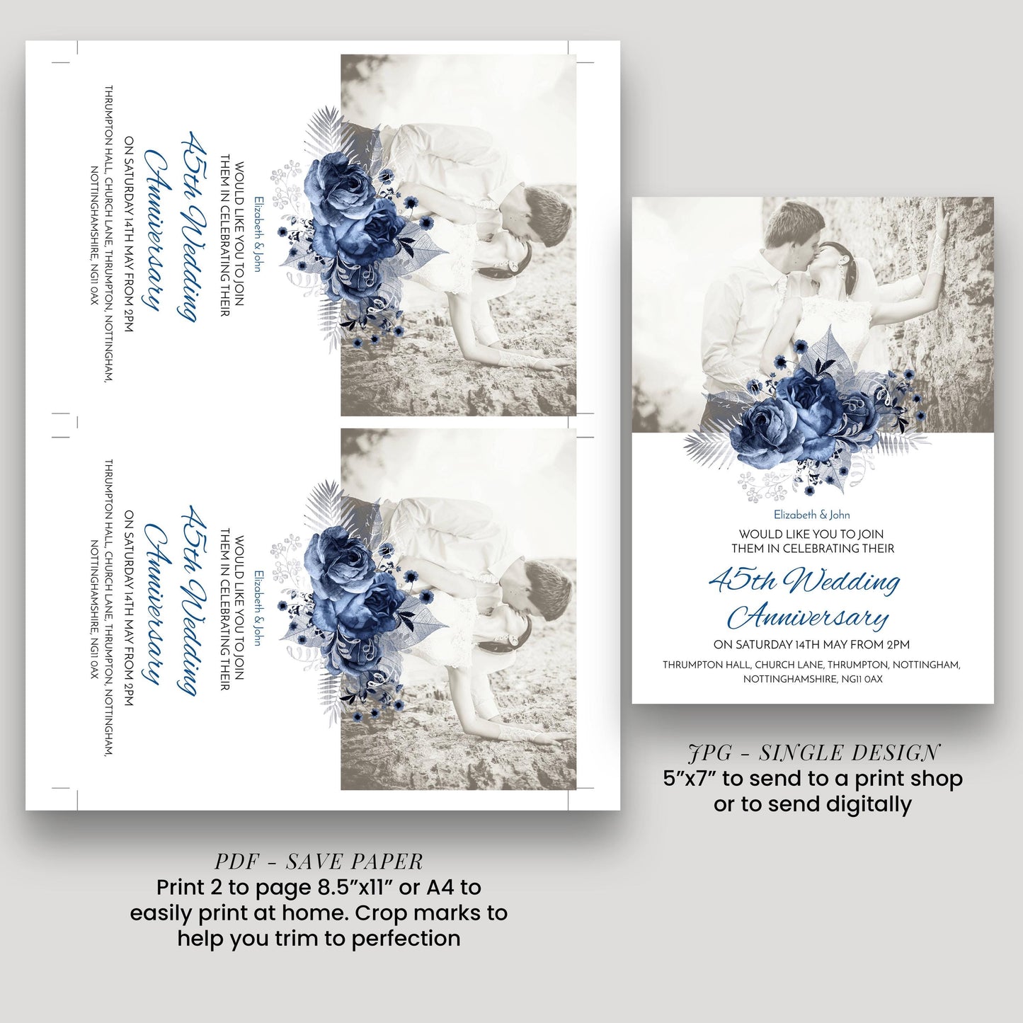 The image is a wedding invitation featuring a couple embracing in a field with blue flowers. The invitation is for a 45th wedding anniversary celebration on Saturday, May 14th, from 6:00 PM at Thrompton Hall, Church Lane, TRIMPOT, NOXIGHAM.