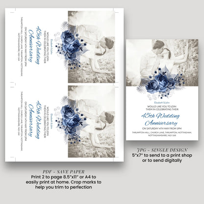 The image is a wedding invitation featuring a couple embracing in a field with blue flowers. The invitation is for a 45th wedding anniversary celebration on Saturday, May 14th, from 6:00 PM at Thrompton Hall, Church Lane, TRIMPOT, NOXIGHAM.