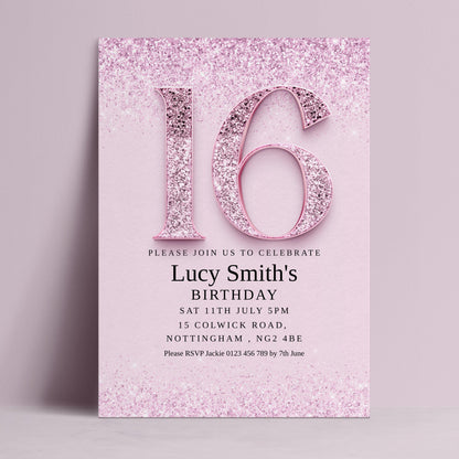 The image is a birthday invitation for a 16-year-old girl named Lucy Smith. The invitation is pink and glittery, with the number 16 prominently displayed. It invites guests to a birthday party on Saturday, July 5th, at 11:00 PM at the Colwick Road, Nottingham, UK. The invitation also provides a RSVP option and a call to action for guests to join the celebration.