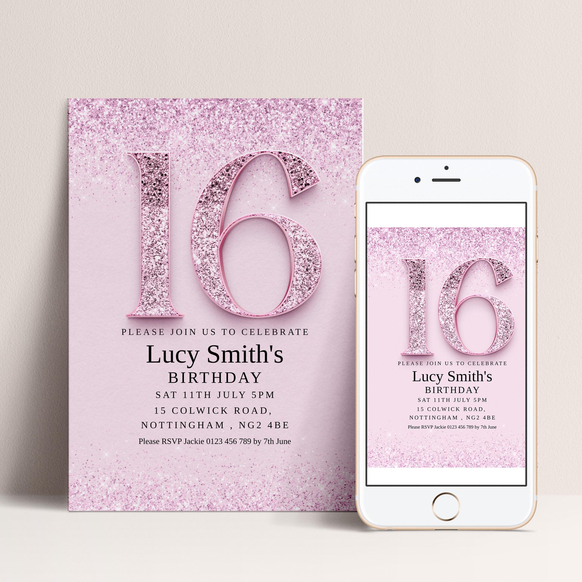 The image is a birthday invitation for a 16-year-old girl celebrating her birthday.