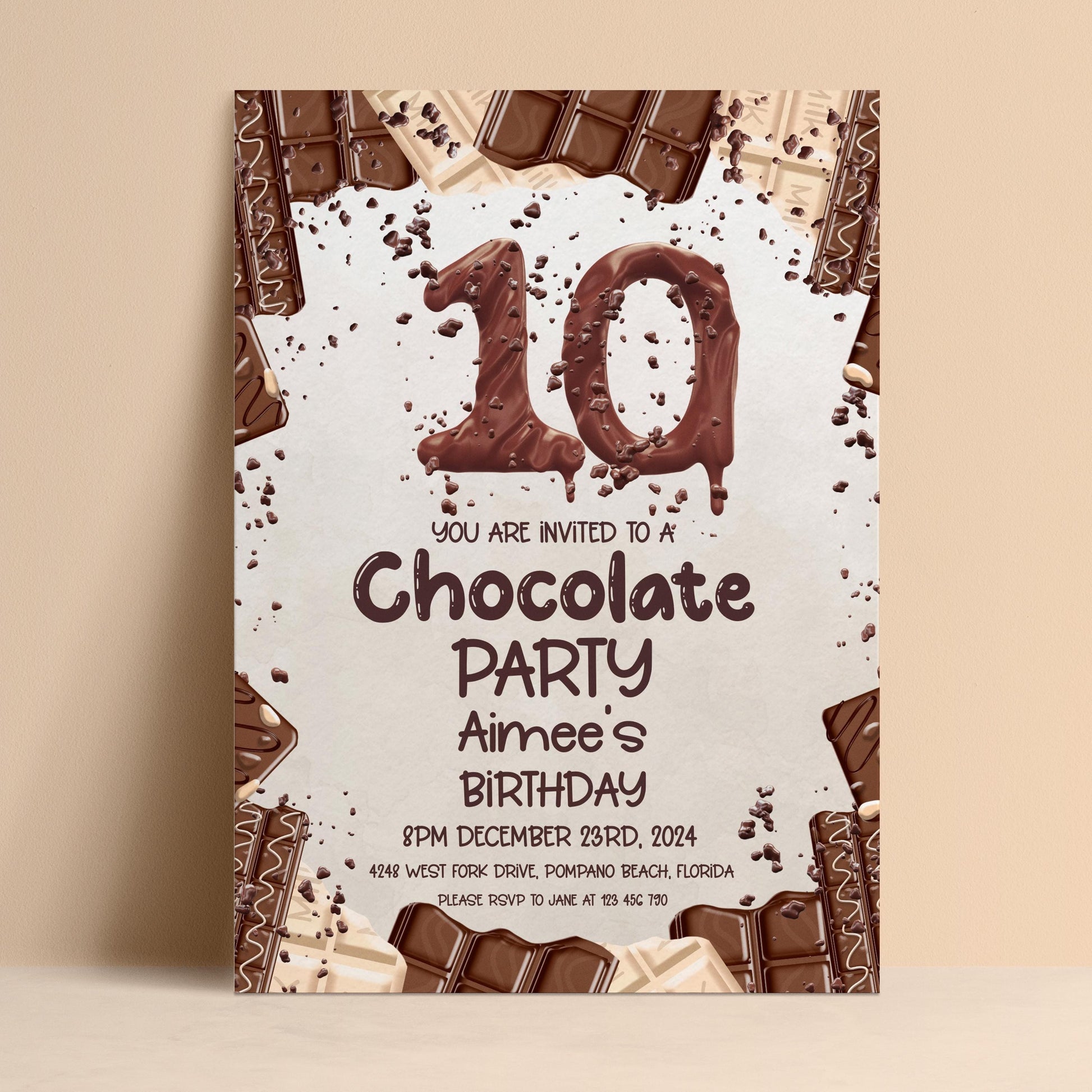 The image is a birthday party invitation for a 10-year-old named Aimee, celebrating her birthday on December 23rd, 2024. The invitation features chocolate bars and sprinkles, creating a festive and fun atmosphere.