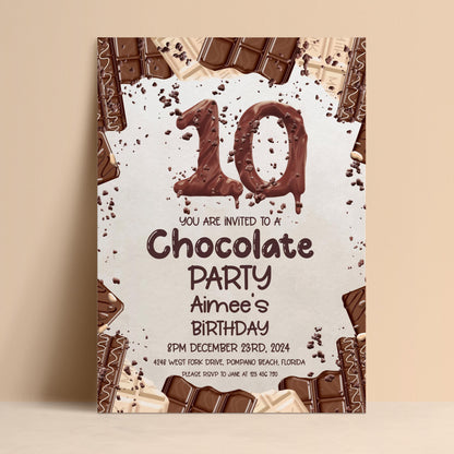 The image is a birthday party invitation for a 10-year-old named Aimee, celebrating her birthday on December 23rd, 2024. The invitation features chocolate bars and sprinkles, creating a festive and fun atmosphere.