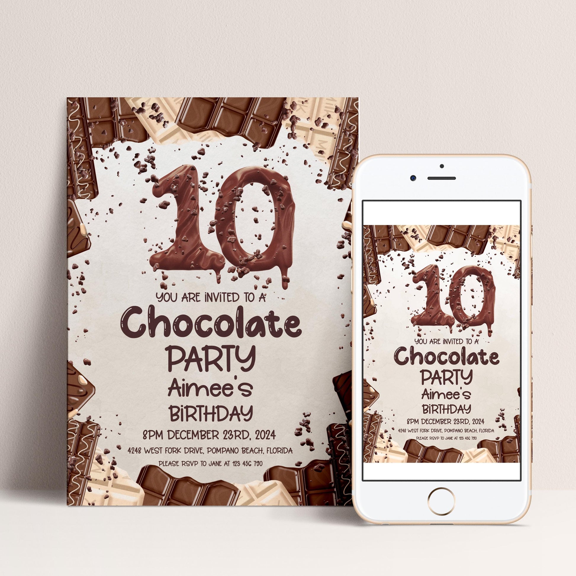 The image is a birthday party invitation for Aimee's 10th birthday. It features chocolate bars and the number 10, along with details about the party, including the date, time, location, and RSVP instructions.