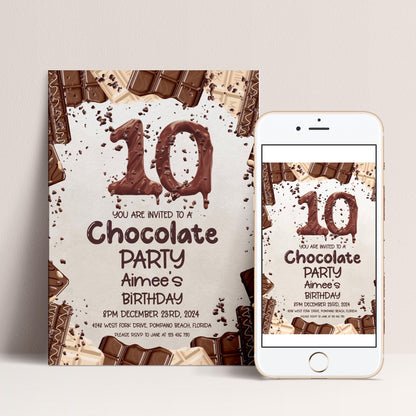The image is a birthday party invitation for Aimee's 10th birthday. It features chocolate bars and the number 10, along with details about the party, including the date, time, location, and RSVP instructions.