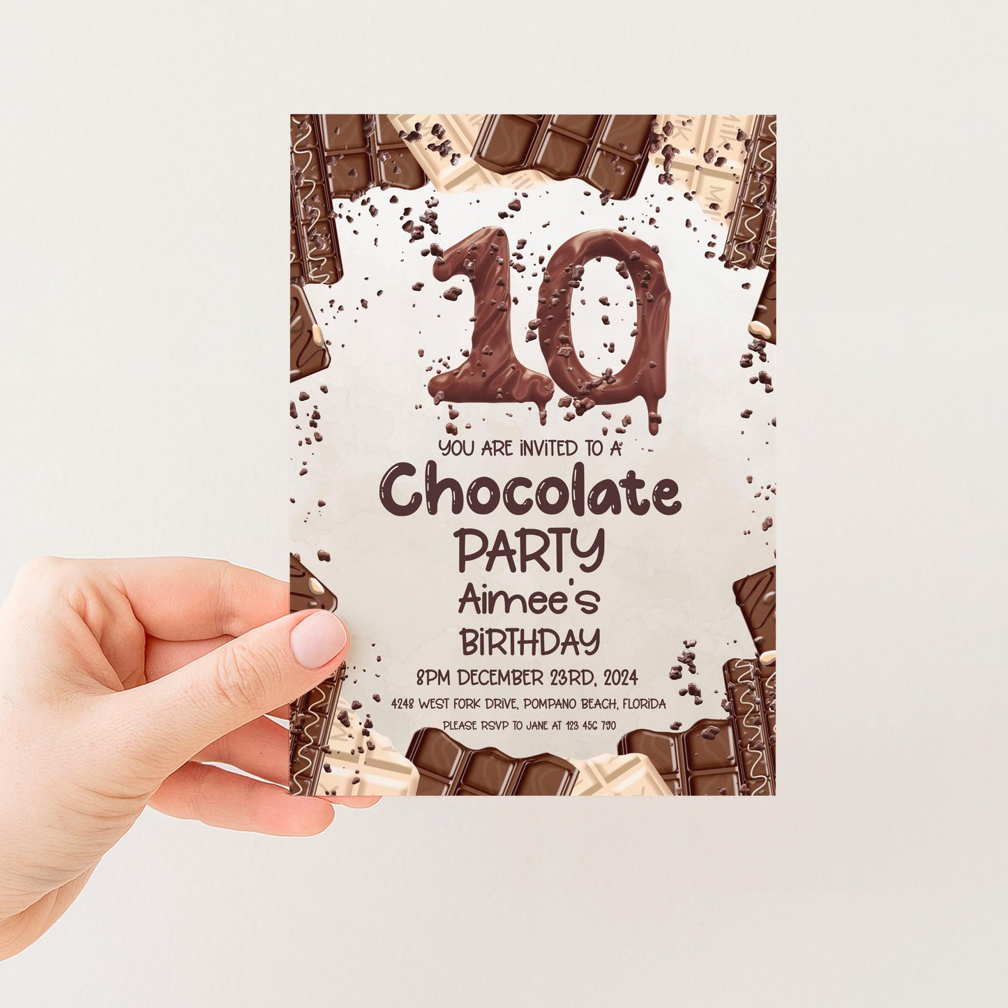 The image is a birthday party invitation for a 10-year-old girl.