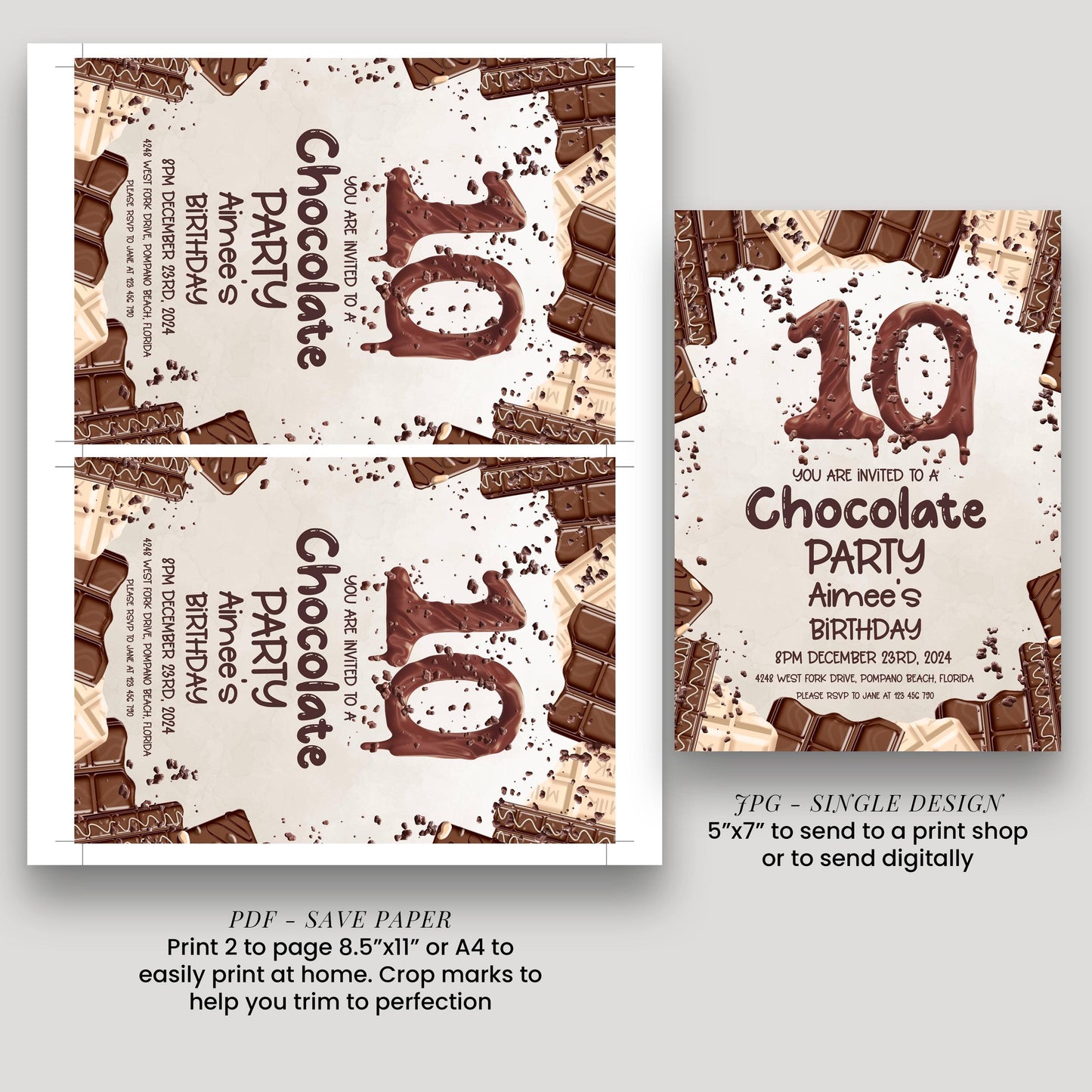 a chocolate-themed birthday party invitation for Aimee's 10th birthday. The invitation features chocolate pieces and the number 10 prominently displayed. It includes details about the party, such as the date, time, and location, as well as instructions for sending a print or digital copy to a print shop or sending digitally.