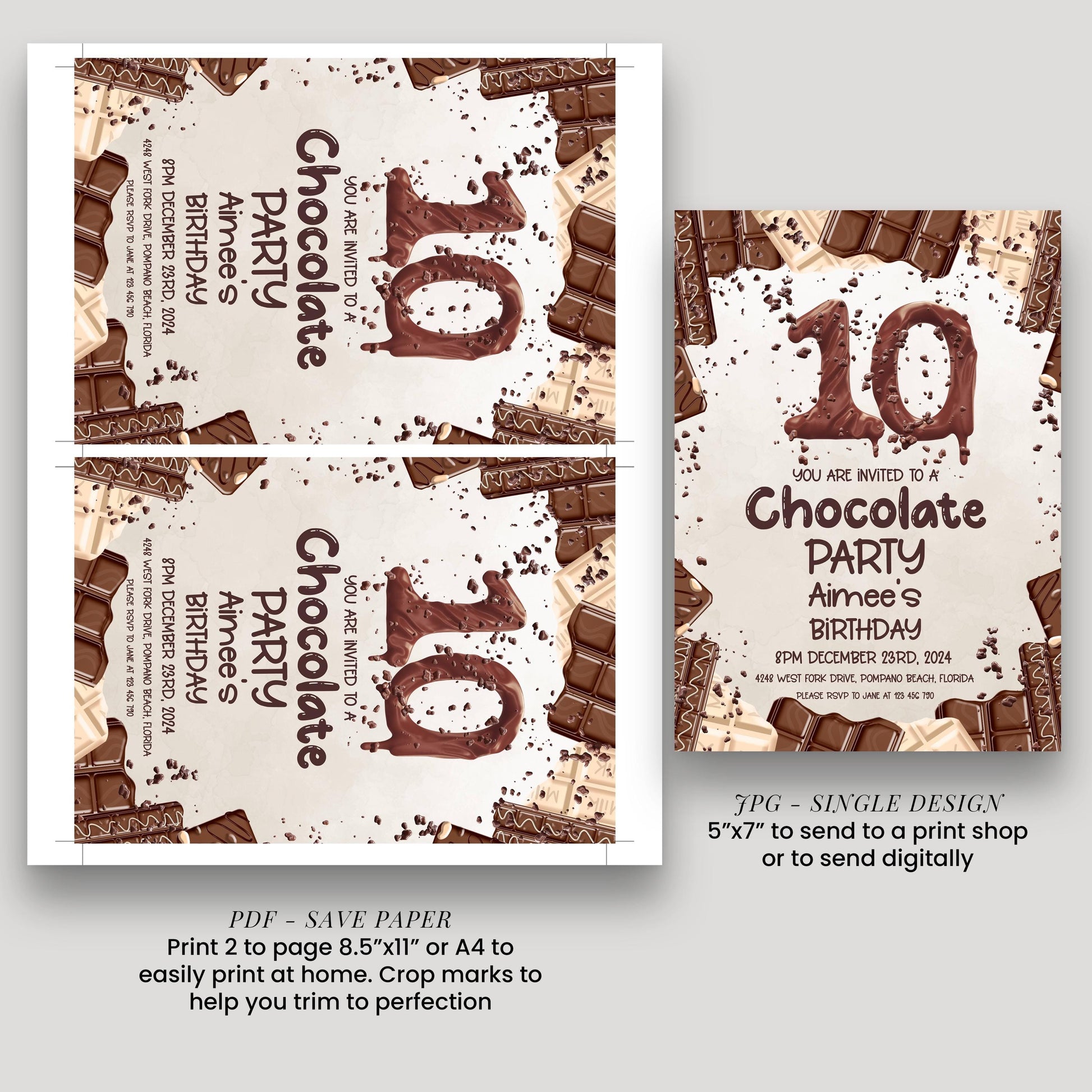a chocolate-themed birthday party invitation for Aimee's 10th birthday. The invitation features chocolate pieces and the number 10 prominently displayed. It includes details about the party, such as the date, time, and location, as well as instructions for sending a print or digital copy to a print shop or sending digitally.