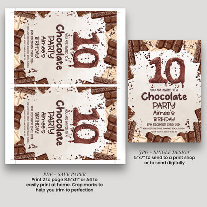 a chocolate-themed birthday party invitation for Aimee's 10th birthday. The invitation features chocolate pieces and the number 10 prominently displayed. It includes details about the party, such as the date, time, and location, as well as instructions for sending a print or digital copy to a print shop or sending digitally.
