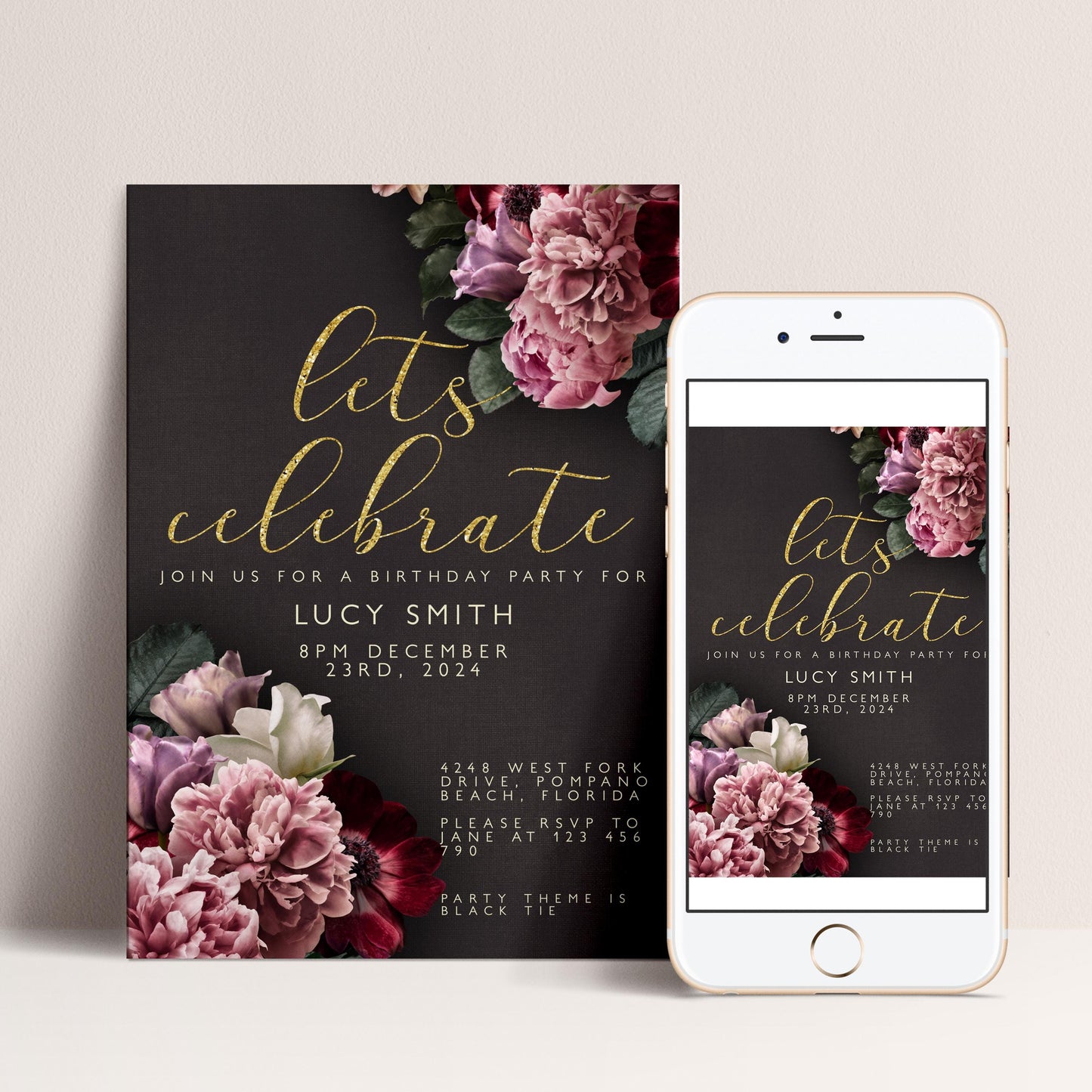 A birthday party invitation for Lucy Smith's birthday celebration, featuring a dark background with a floral design and gold text.