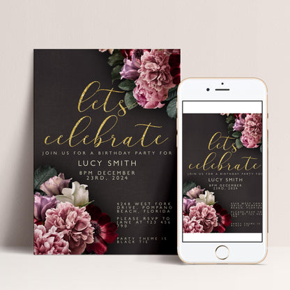 A birthday party invitation for Lucy Smith's birthday celebration, featuring a dark background with a floral design and gold text.