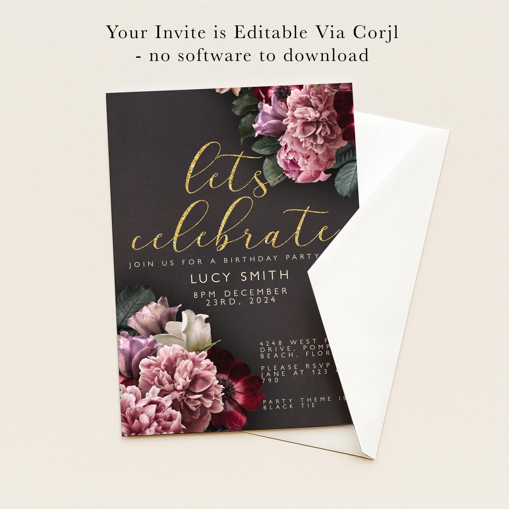 The image is a birthday party invitation featuring a dark background with a floral design and gold text.