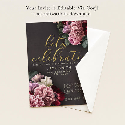 The image is a birthday party invitation featuring a dark background with a floral design and gold text.