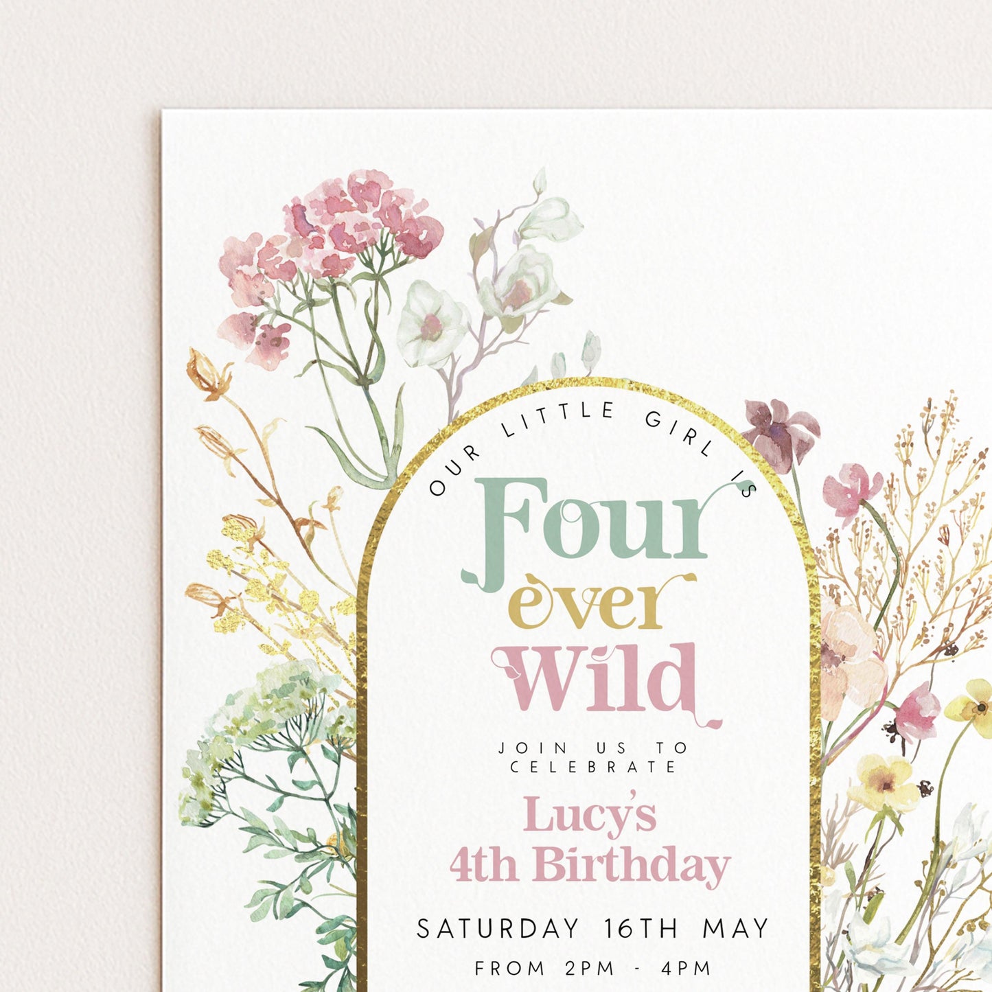 The image is a birthday invitation for a little girl named Lucy, celebrating her 4th birthday.