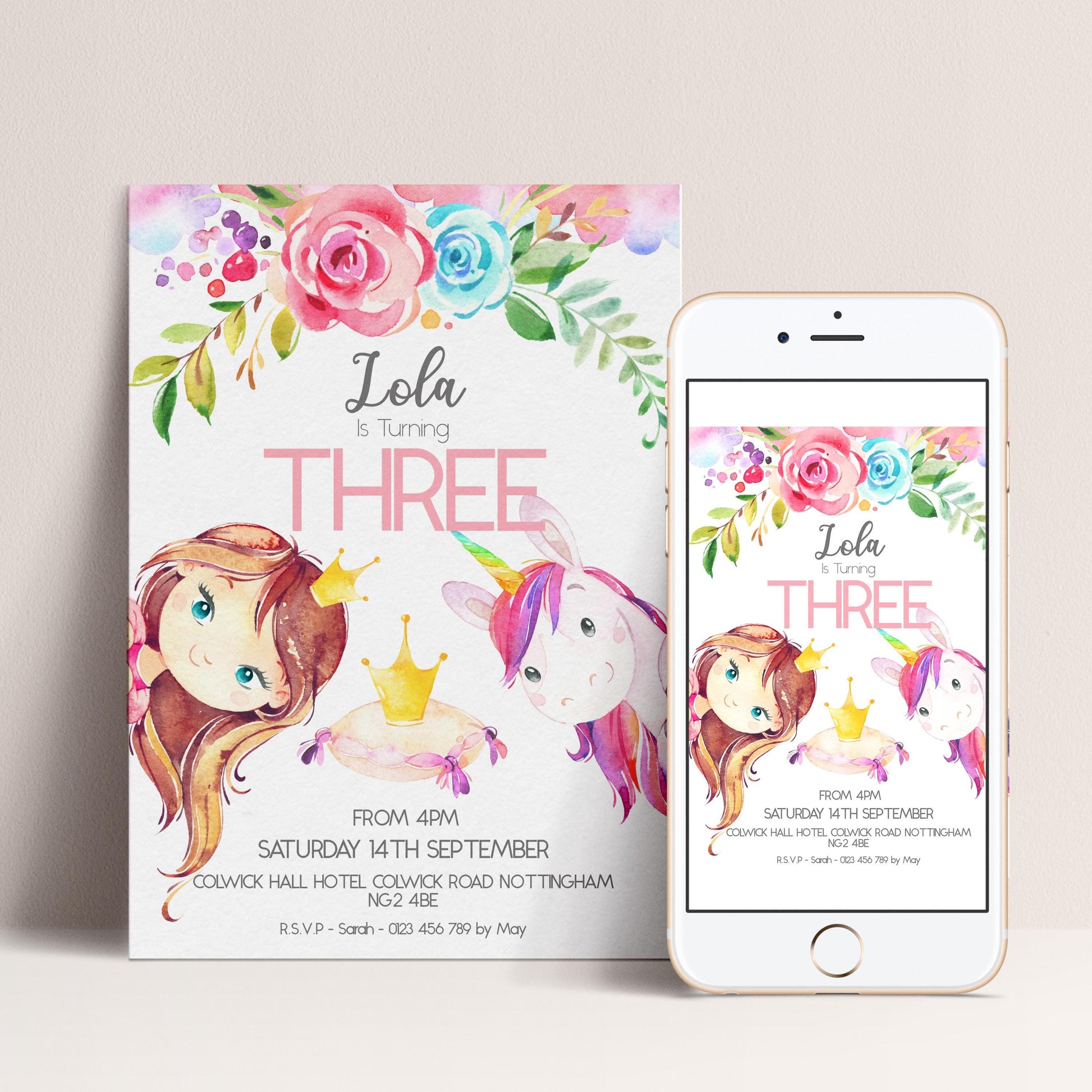 The image is a birthday invitation for a girl named Lola, who is turning three years old. The invitation features illustrations of two young girls with crowns, along with a floral design. The text on the invitation indicates that the event is scheduled for Saturday, 14th September at the Colwock Hotel, Colwock Road, Nottingham, and will take place from 4 pm to 6 pm.